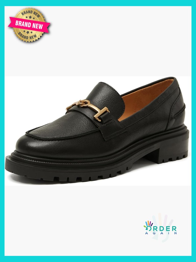 Genuine Leather Chunky Loafers Platform Slip-On Comfort Walking Shoes With Gold